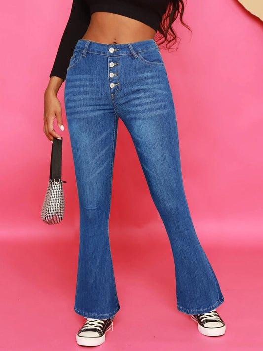 Berg-Feldt Damen Jeans mit hoher Taille, ausgestellter Passform und Knöpfen
 - berg-feldt
