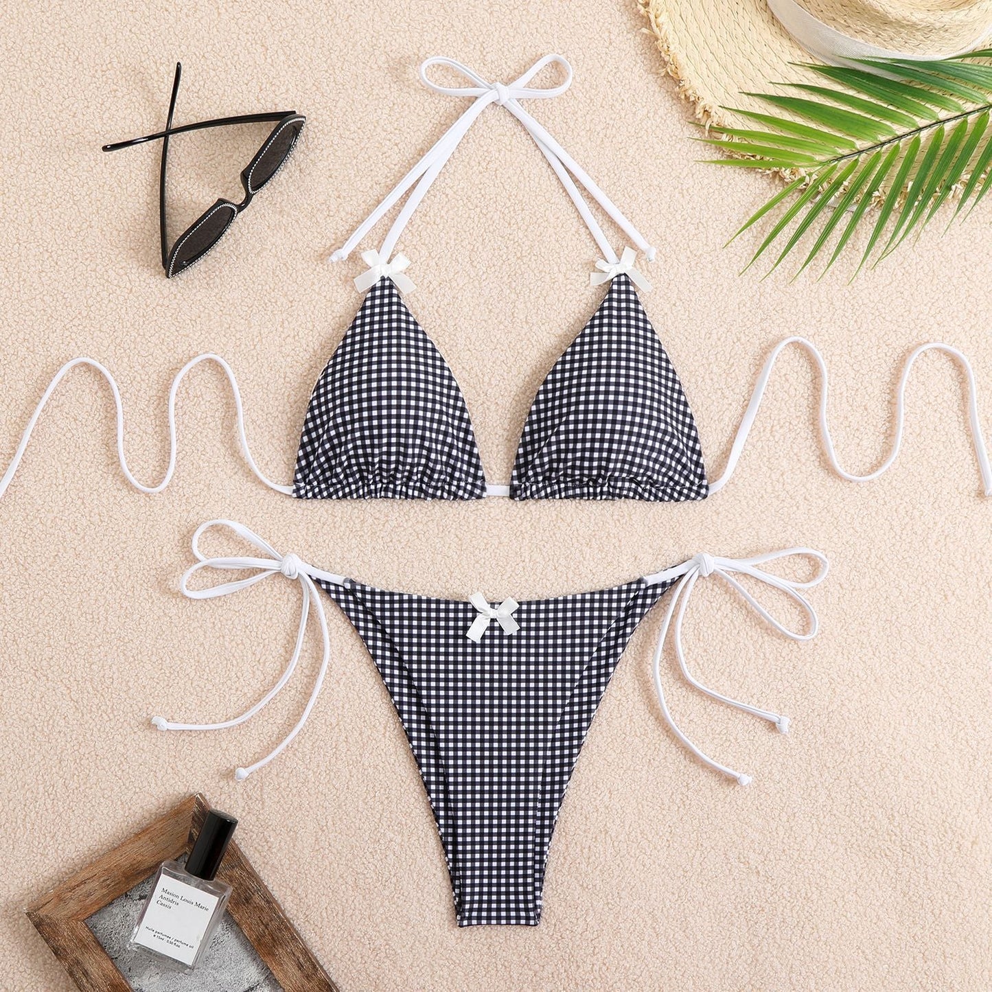 Ensemble de bikini Berg-Feldt pour femme : Haut de maillot triangle avec motif à carreaux ludique et bretelles réglables