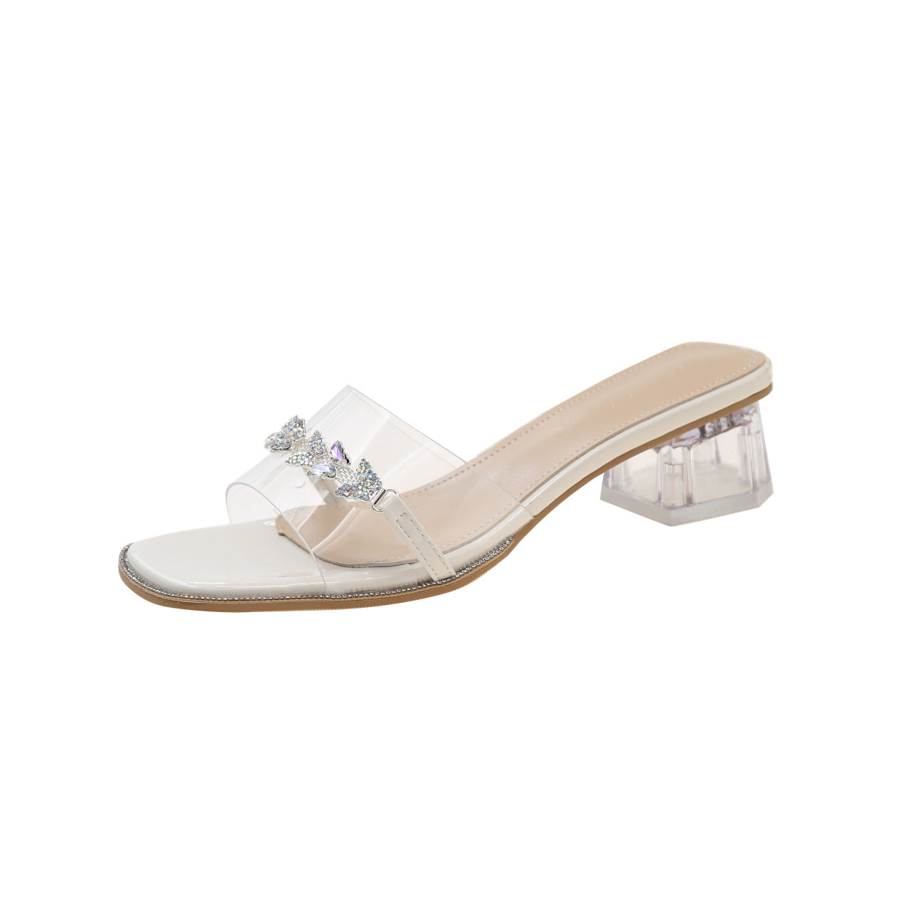 Sandales pour femmes Berg-Feldt à lanières transparentes, talon et détails strass