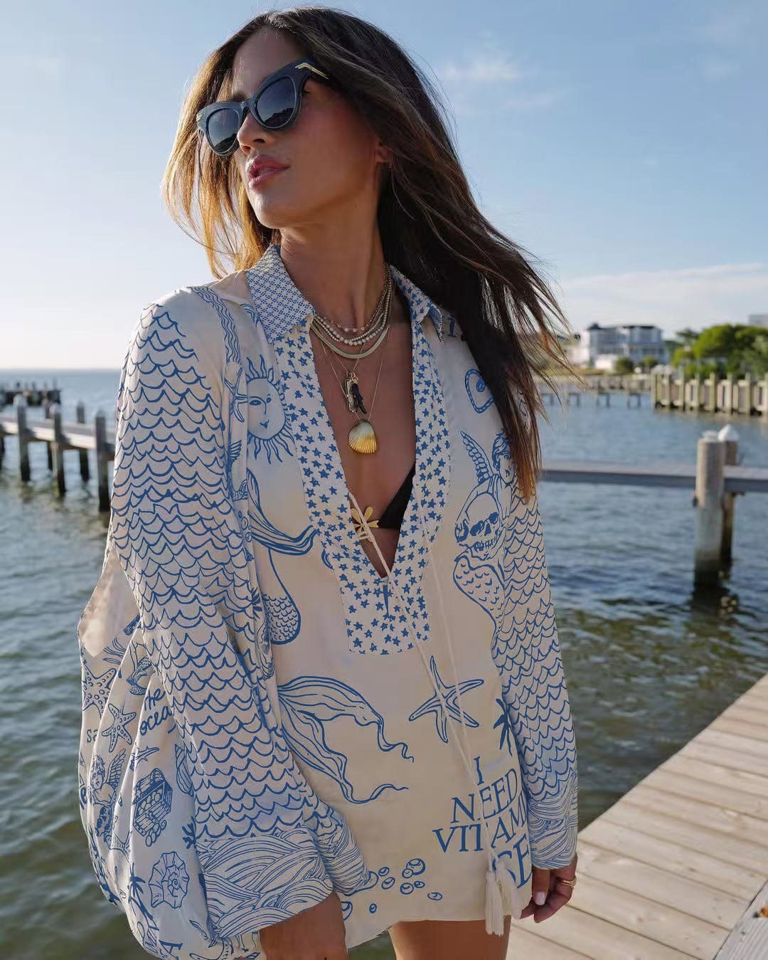 Chemise de plage légère pour femme de berg-feldt, motif marin, décolleté plongeant