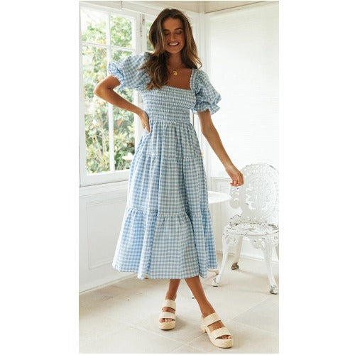 Robe mi-longue vichy à manches bouffantes pour femme de berg-feldt