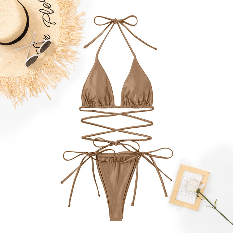 Berg-Feldt Ensemble Bikini pour Femme : Haut Triangle avec Bretelles Croisées à Nouer dans le Dos