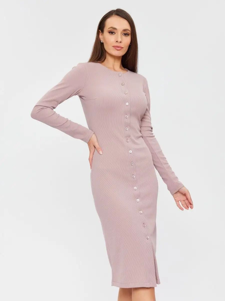 Robe midi élégante et ajustée à col en V avec patte de boutonnage de berg-feldt