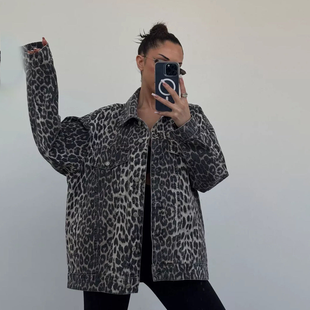 Damen Oversized Jeansjacke mit setzen Leo-Muster Berg-Feldt