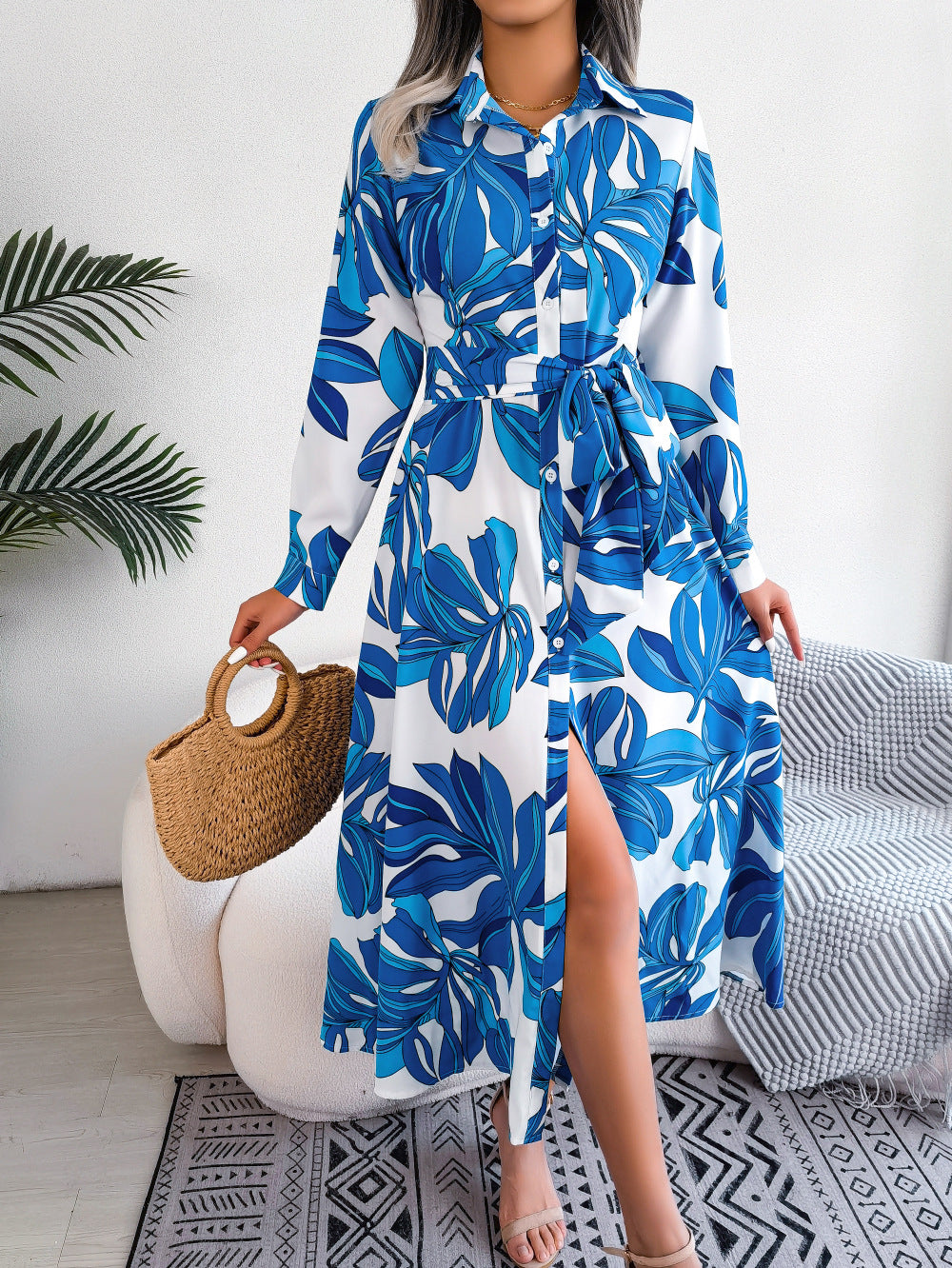 Robe chemise à manches longues, imprimé floral et ceinture de berg-feldt