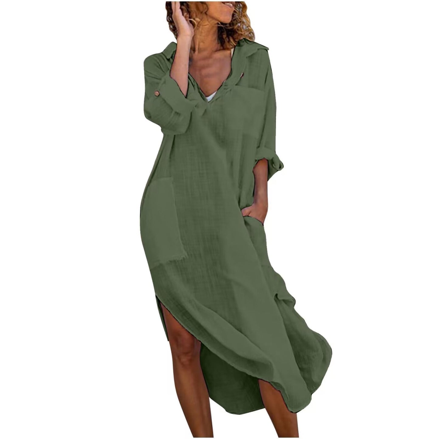 Robe longue en coton et lin à manches longues de Fudus