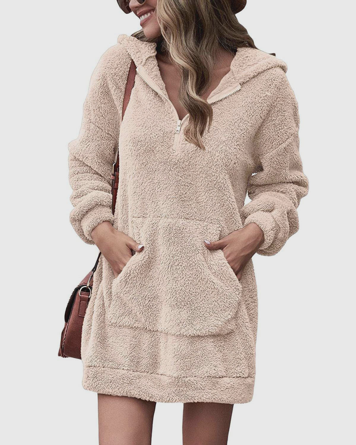 Damen Fleece-Kapuzenkleid mit Taschen und Reißverschluss Berg-Feldt