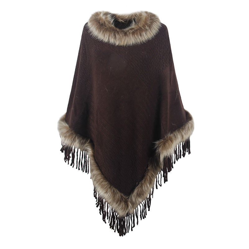 Poncho élégant pour femme avec col luxueux en fausse fourrure et franges décadentes Berg-Feldt