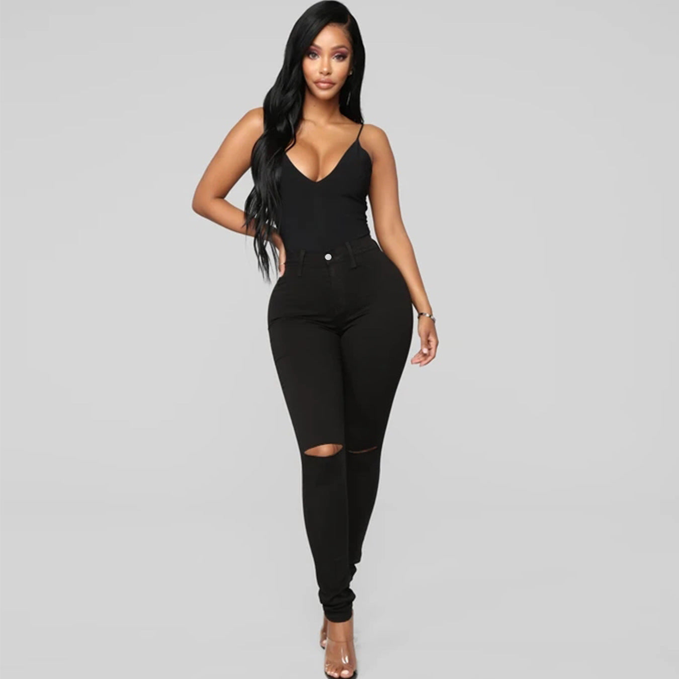 Jean skinny taille haute pour femme Berg-Feldt, avec effets déchirés et stretch