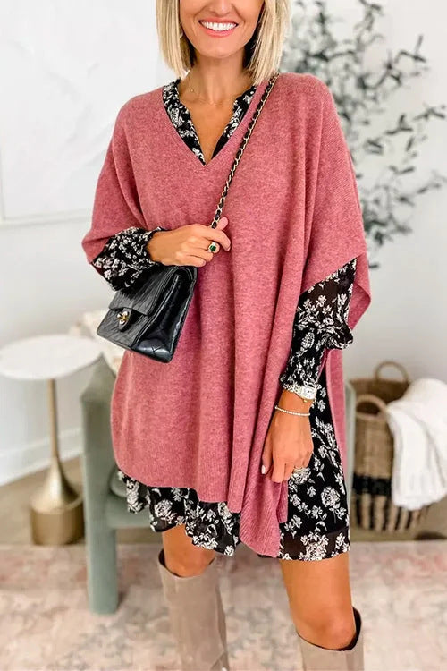 Poncho décontracté en tricot pour femme avec col en V et manches tombantes Berg-Feldt