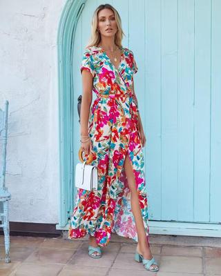 Robe longue femme, cache-cœur, imprimé floral, fente latérale de berg-feldt
