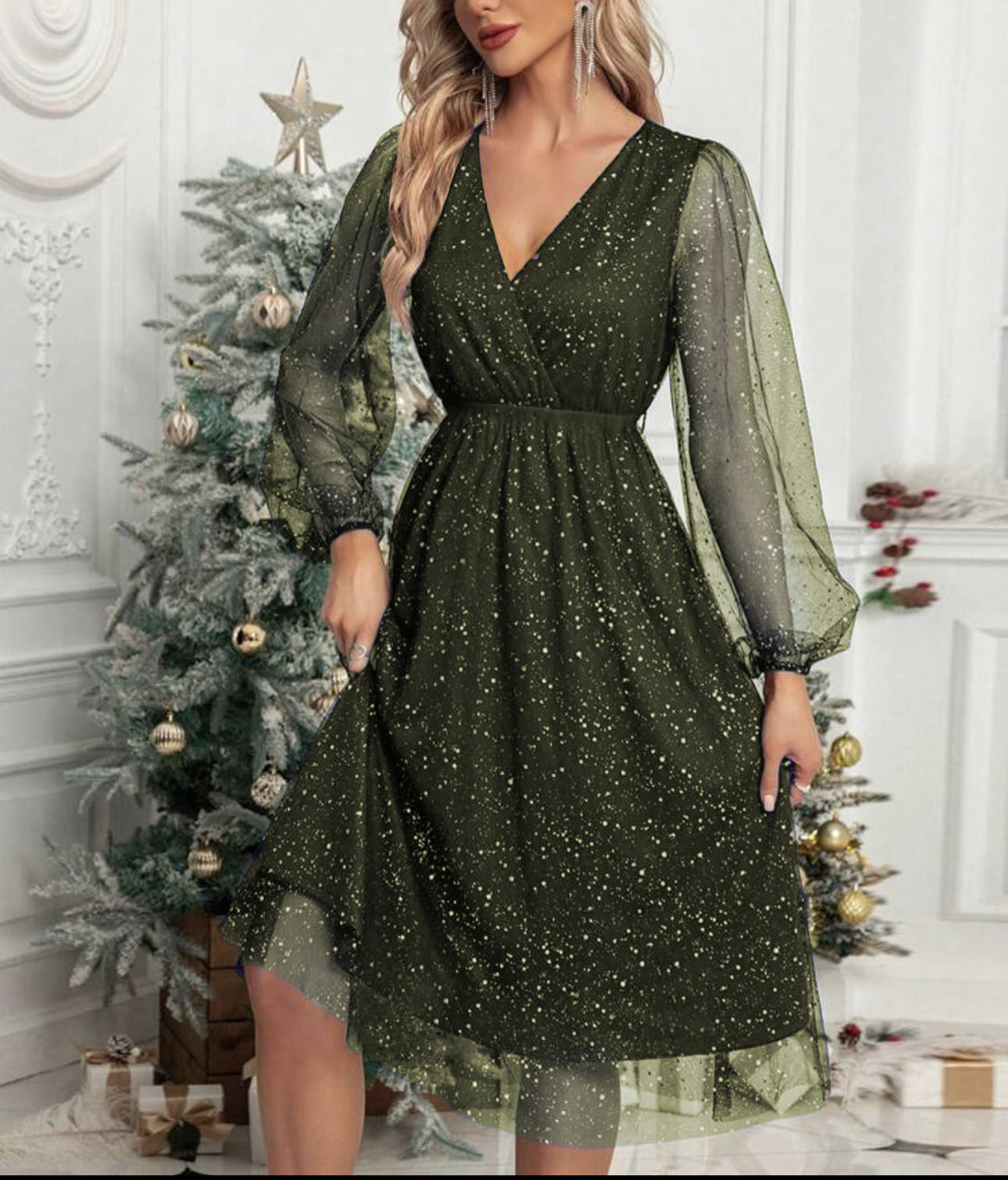 Robe midi glamour pour femme avec manches bouffantes transparentes et motif pailleté scintillant Berg-Feldt