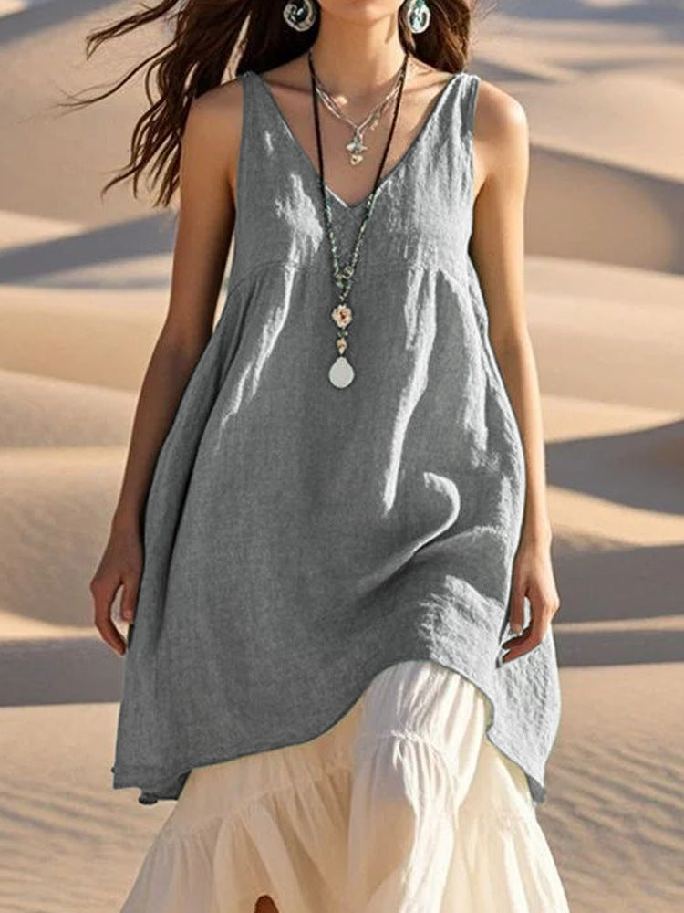 Robe en lin pour femme : décontractée, col en V, coupe évasée (berg-feldt)