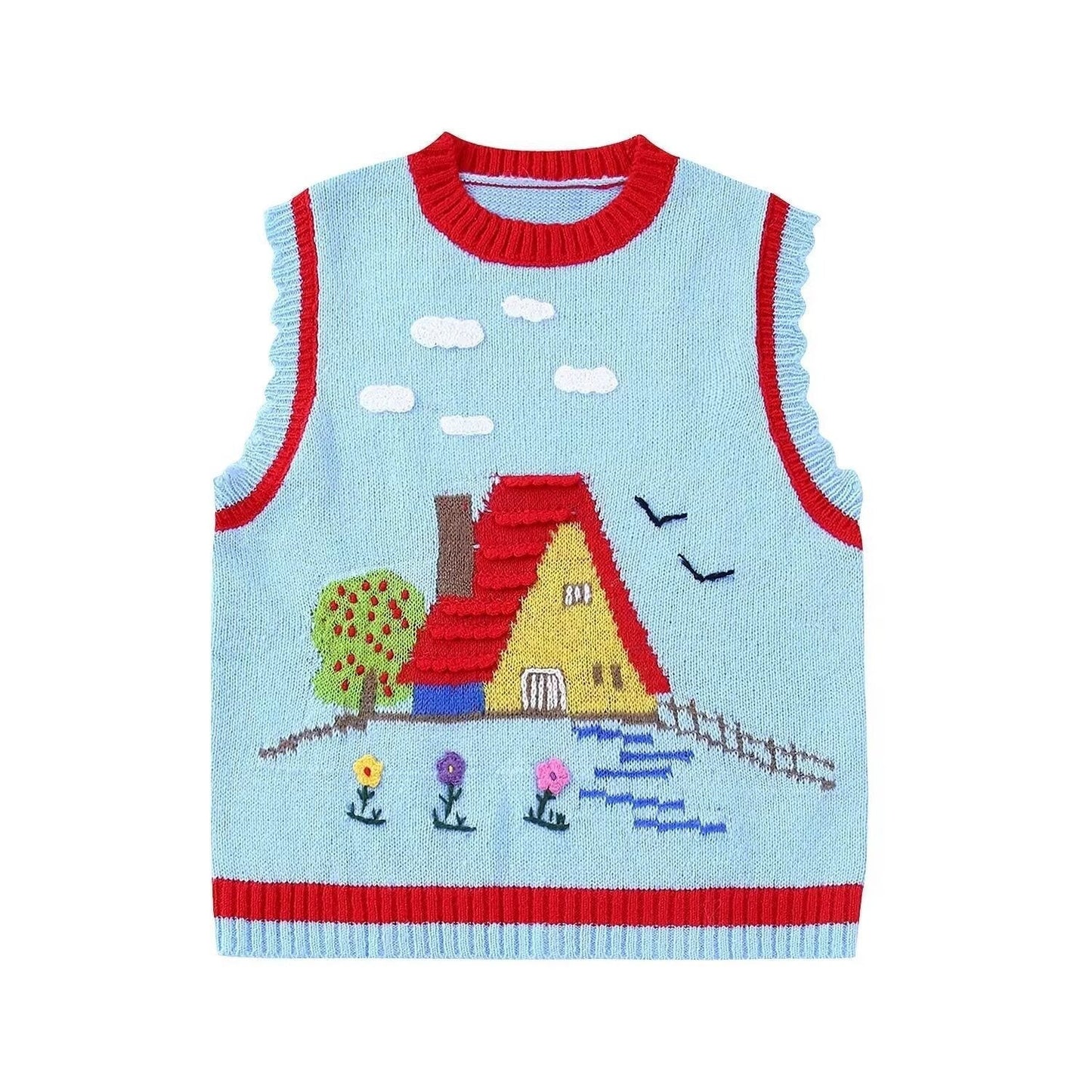 Gilet tricoté sans manches confortable pour femmes avec broderie paysagère Montagne-Champ