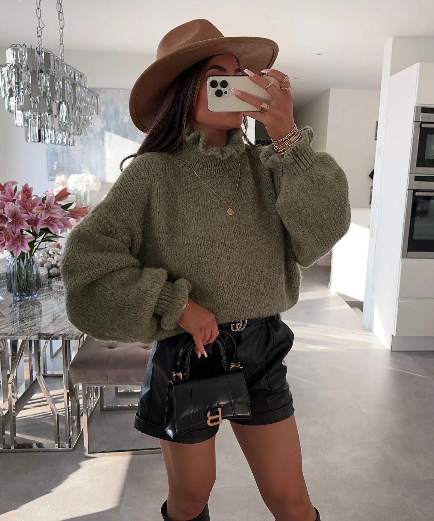 Pull col roulé douillet pour femme avec manches larges et motif texturé Berg-Feldt