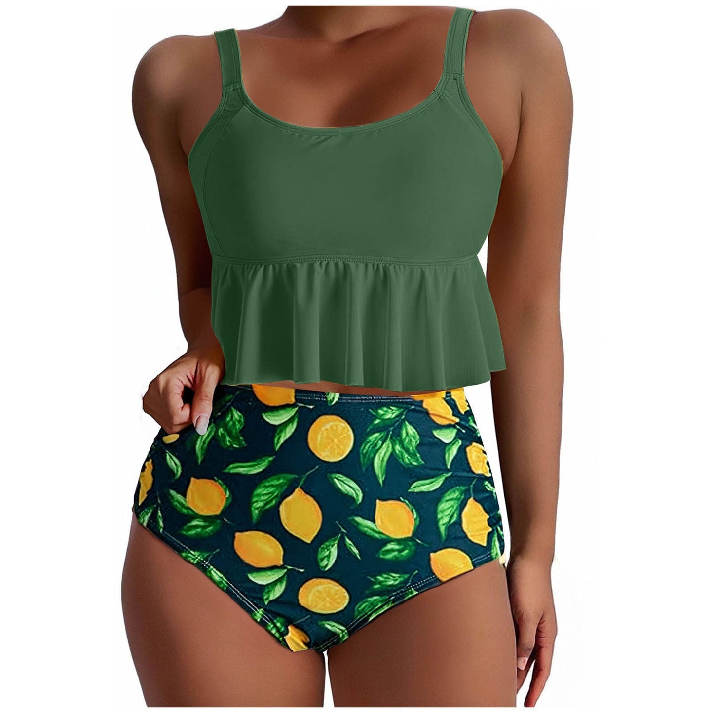 Berg-Feldt Damen Badeanzug Set mit hohem Bund und Zitronenprint