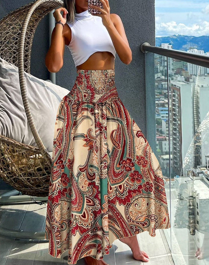 Jupe longue bohème pour femme avec imprimé vif de montagnes et de champs