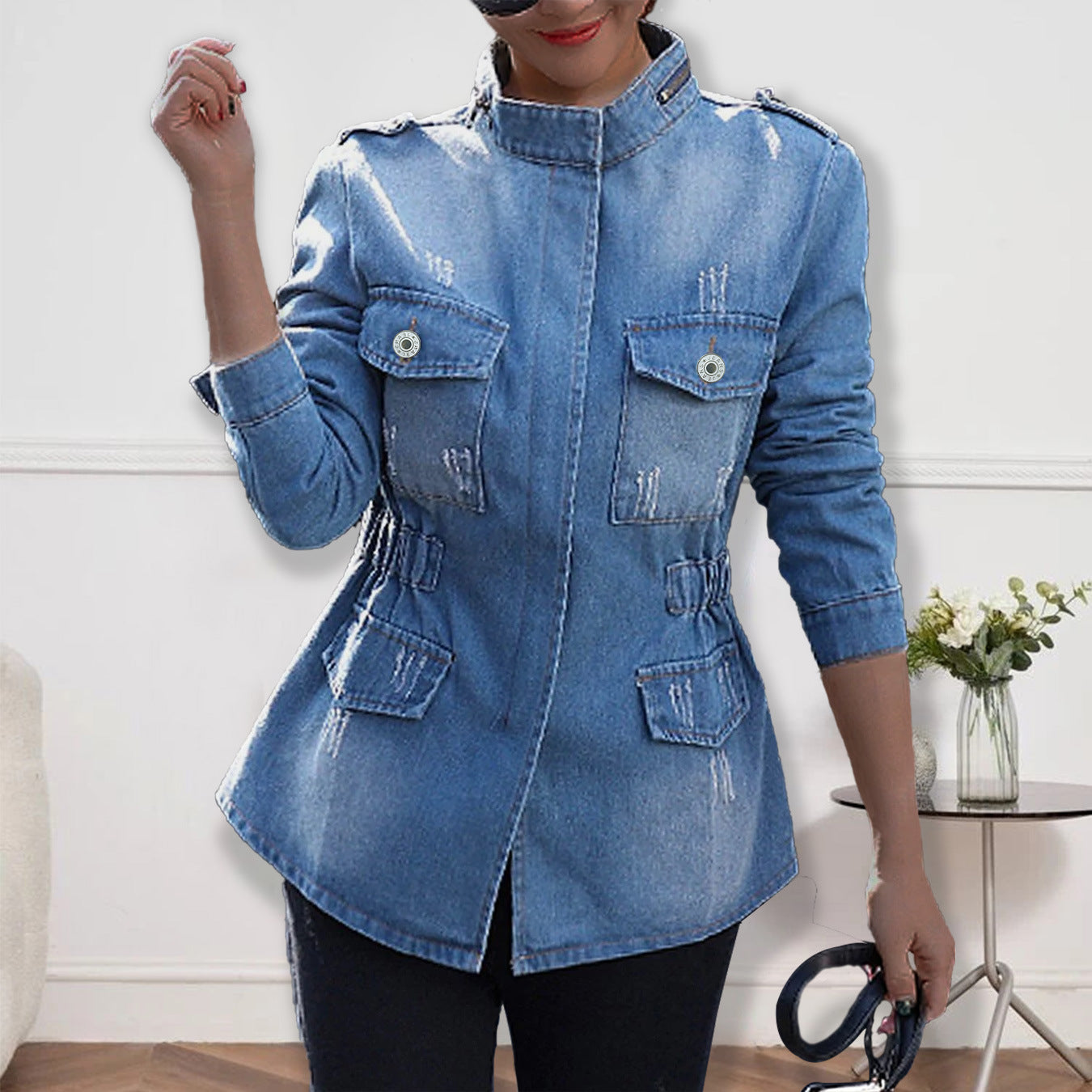 Veste en jean décontractée pour femme style utilitaire avec poches et déchirures tendance de berg-feldt