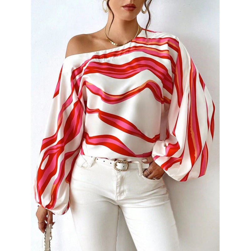 Berg-Feldt Blouse pour femme en satin à col bateau et motif à rayures audacieux