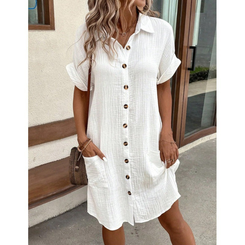 Robe en coton Fudus : Robe en lin à col en V et boutonnée