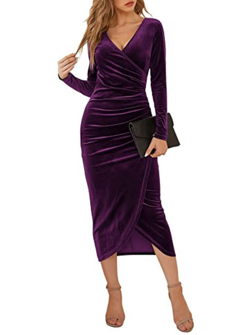 Robe midi en velours pour femme Berg-Feldt avec fronces et décolleté en V profond