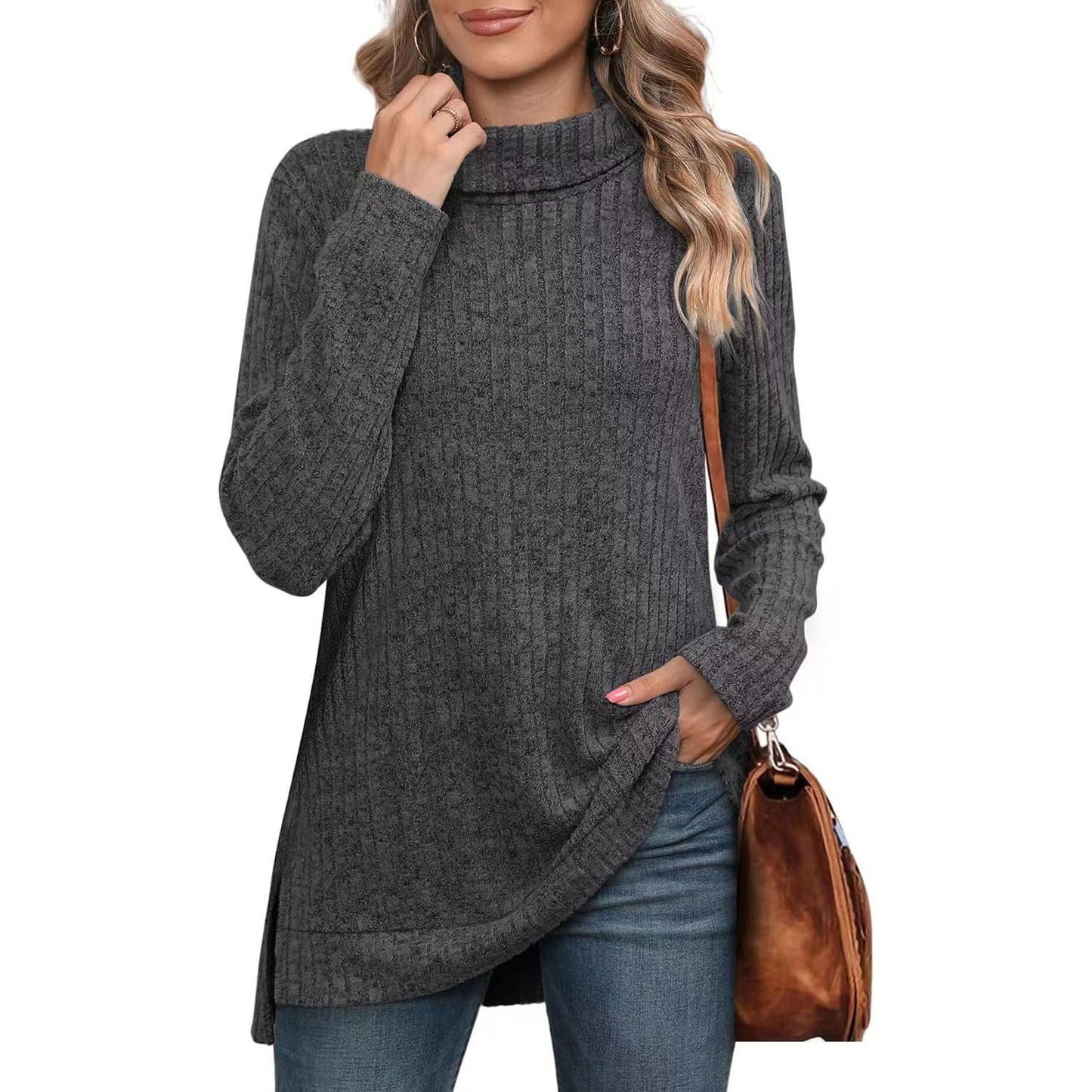 Strukturierter Damen-Rollkragenpullover mit asymmetrischem Saum von berg-feldt