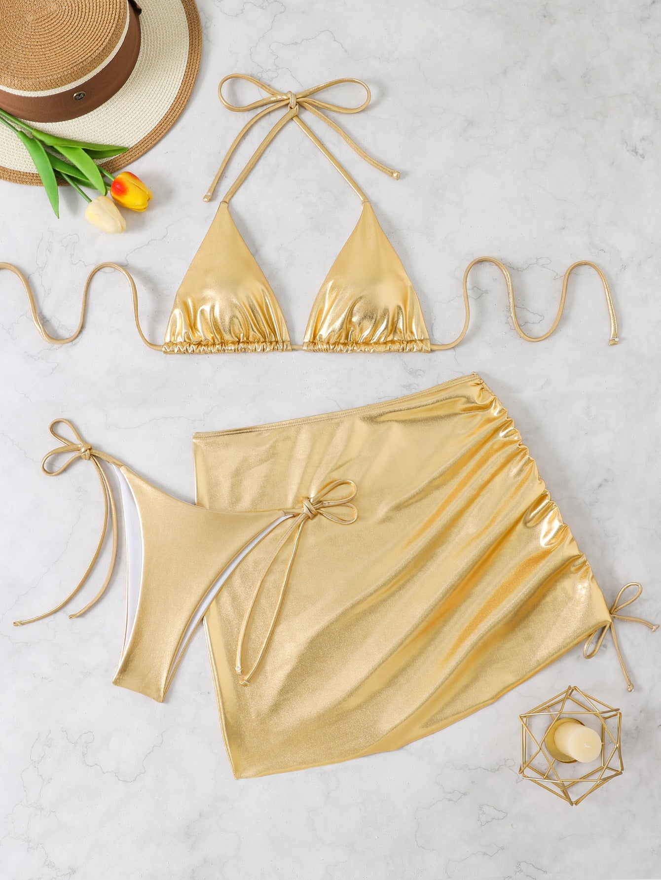 Ensemble bikini avec jupe paréo : bikini triangle scintillant, réglable, par berg-feldt