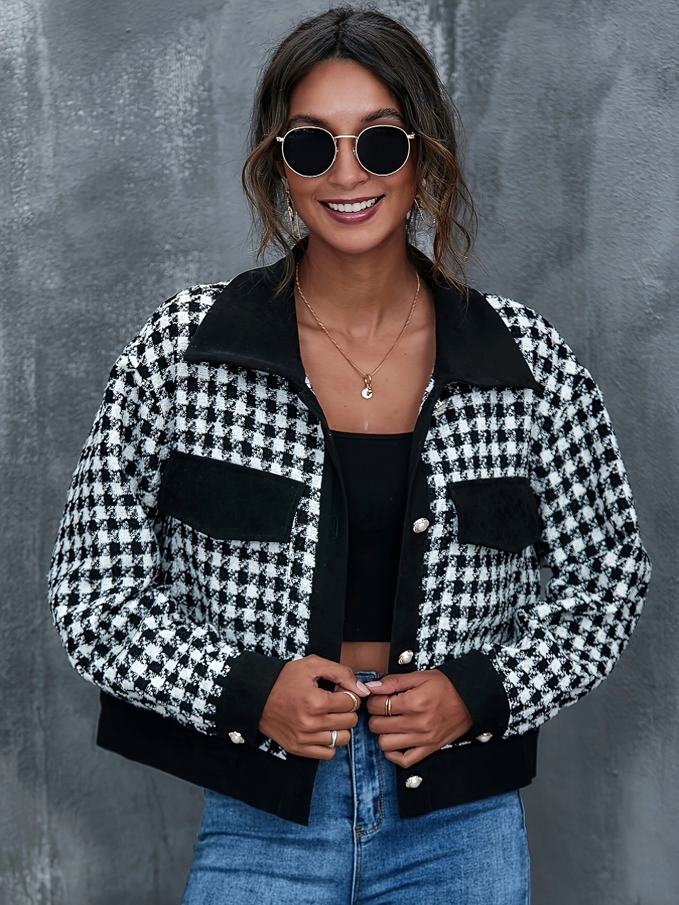 Veste courte élégante à motif pied-de-poule pour femme avec poche de berg-feldt