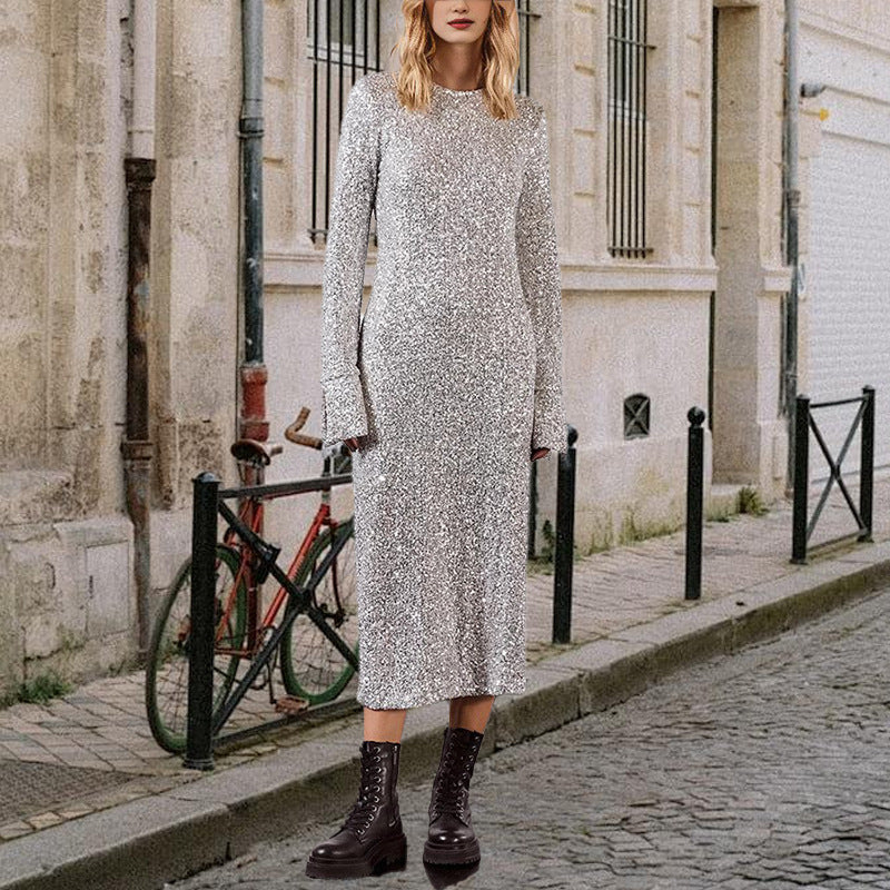 Robe longue brillante Berg-Feldt à manches longues pour femme
