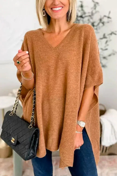 Poncho décontracté en tricot pour femme avec col en V et manches tombantes Berg-Feldt