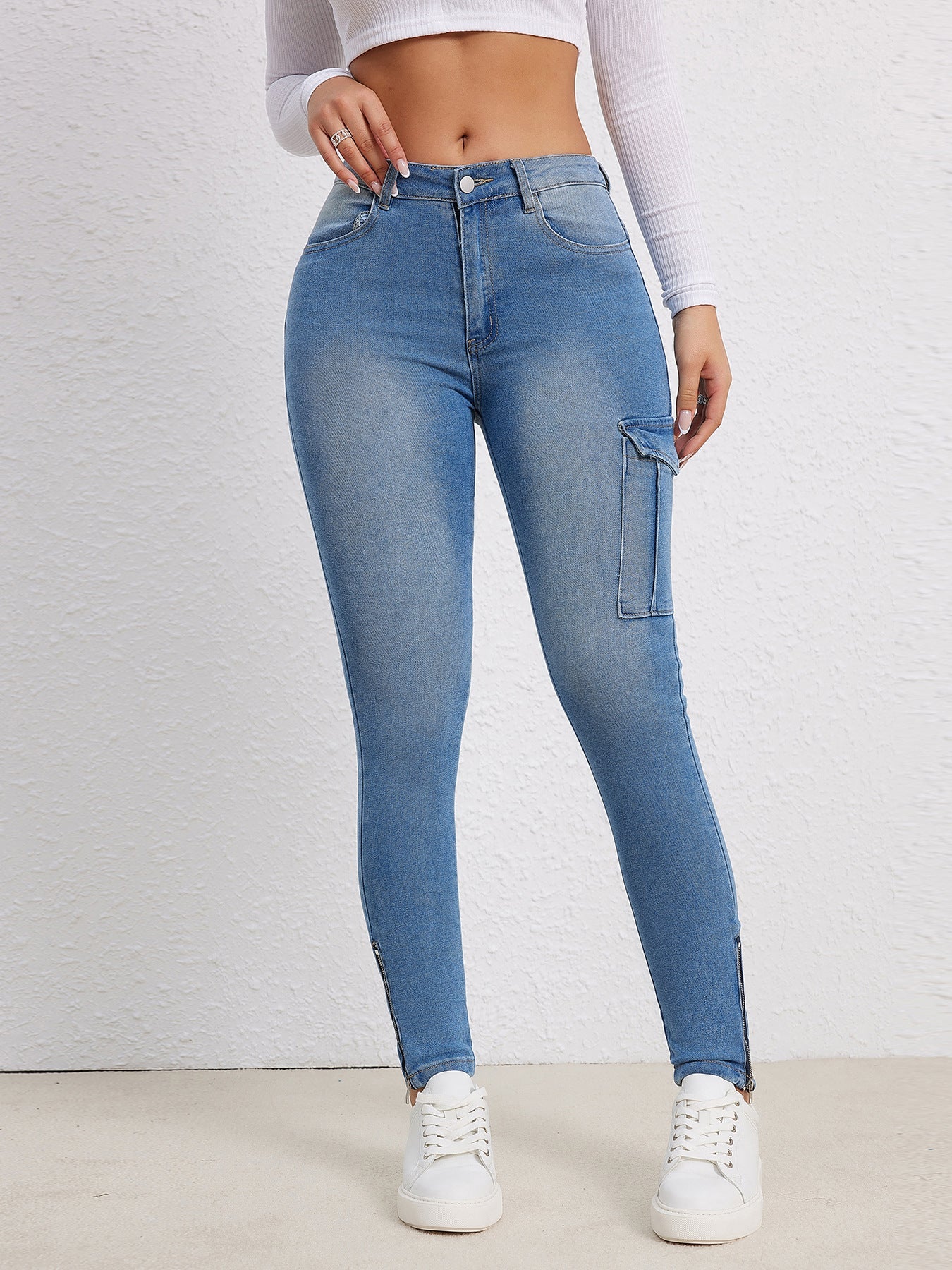 Berg-Feldt Damen High Waist Jeans mit Cargo Taschen und Zipper Details