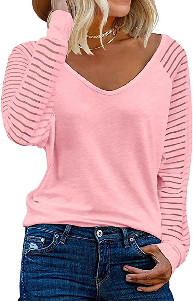 T-shirt à manches longues et col en V pour femme avec manches rayées Berg-Feldt