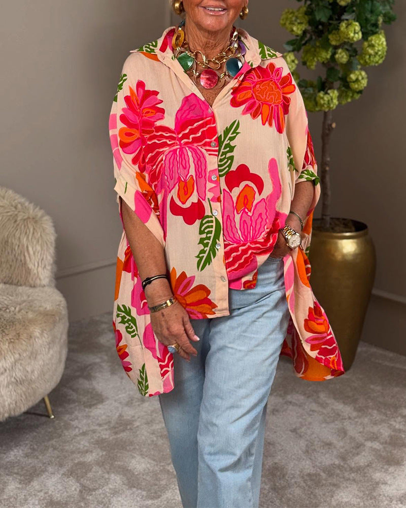 Blouse à motif floral, oversize, patte de boutonnage courte, berg-feldt