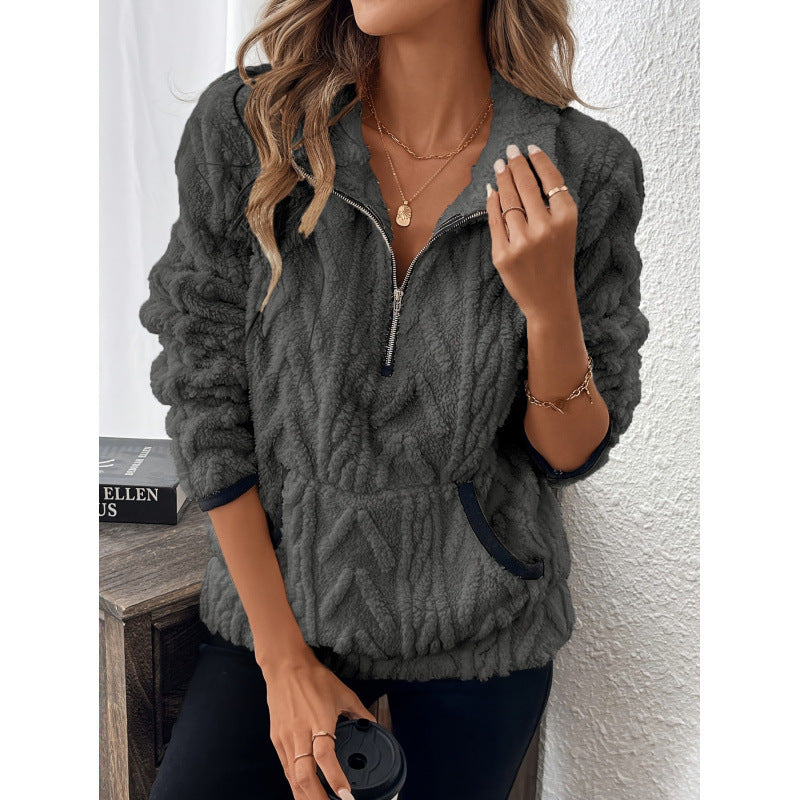 Pull en molleton demi-zip pour femme avec col montant et motif de montagne