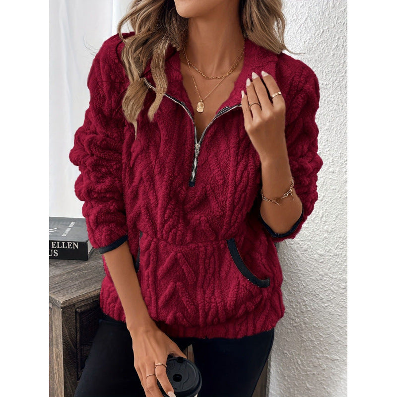 Pull en molleton demi-zip pour femme avec col montant et motif de montagne