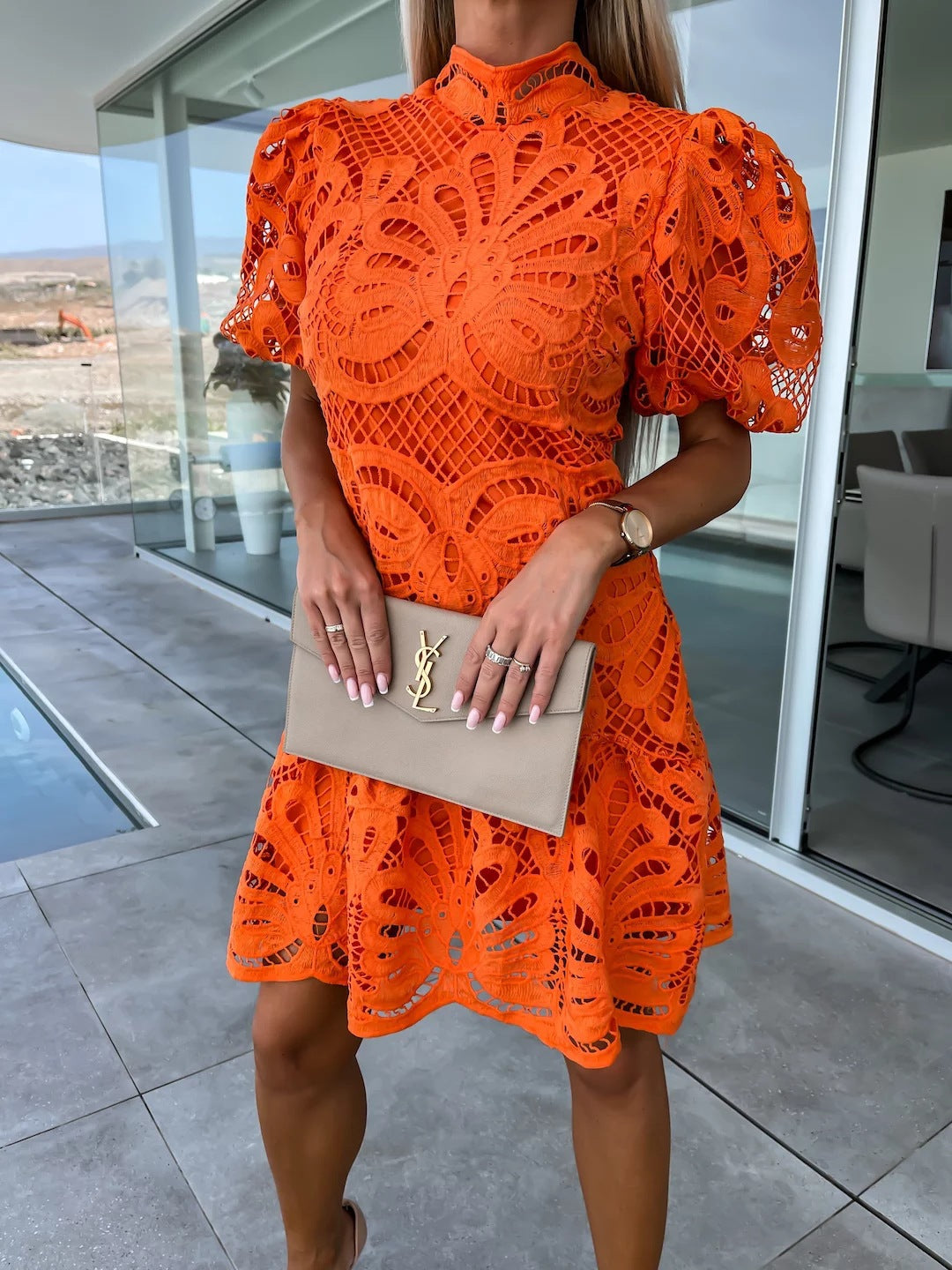 Robe courte évasée en dentelle avec manches bouffantes pour femme, par berg-feldt