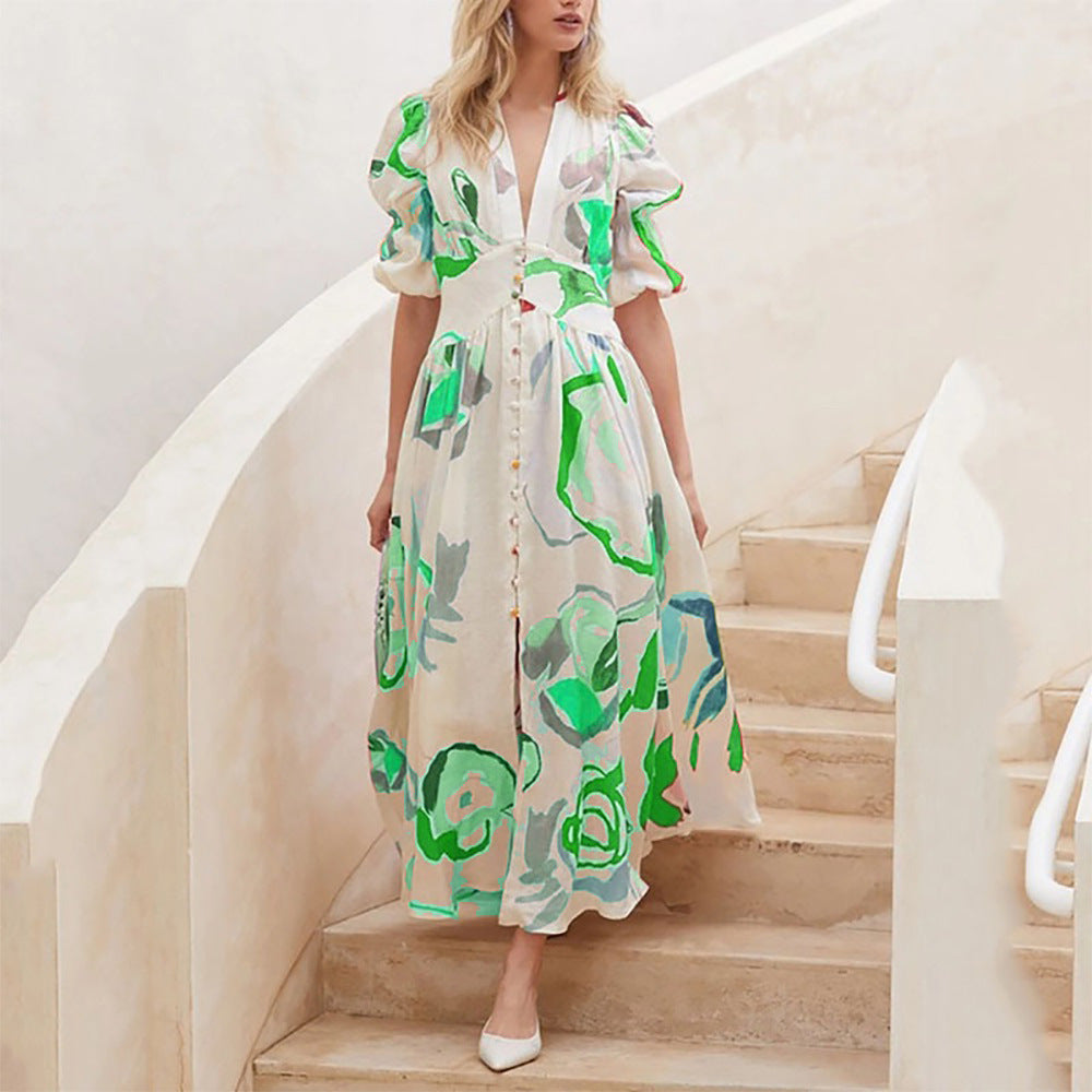 Berg-Feldt Robe longue pour femme avec manches bouffantes et motif floral