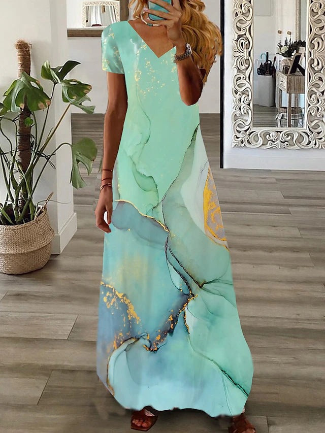 Robe longue à col en V et imprimé marbré abstrait avec manches courtes pour femmes de berg-feldt