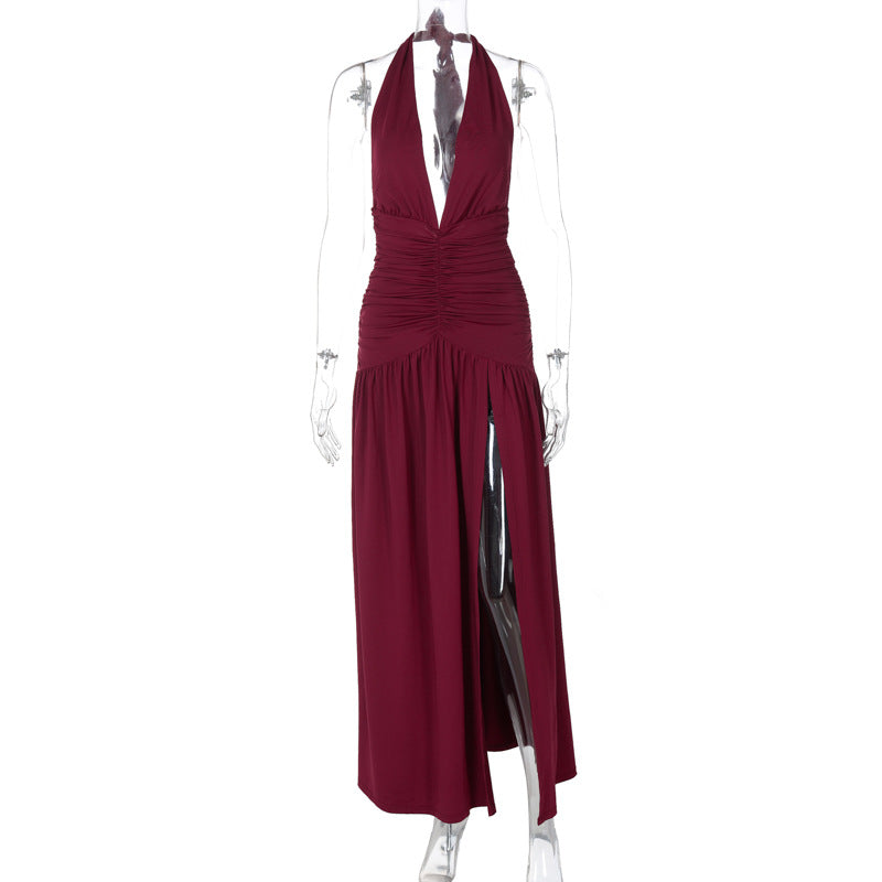 Robe longue élégante pour femme avec col en V profond et volants sur le côté – berg-feldt