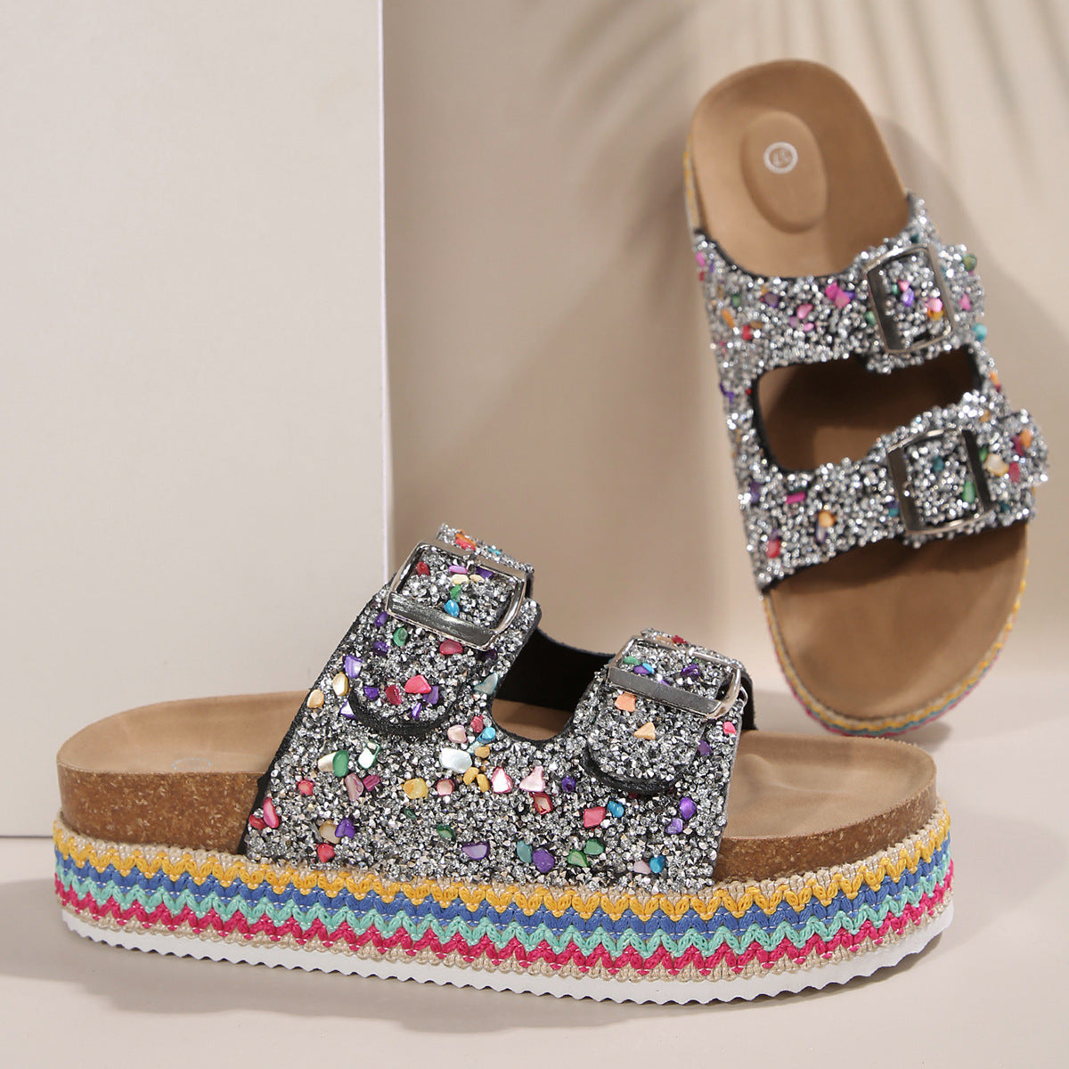 Frauen Plateau-Sandalen mit Glitzer, Doppelriemchen und mehrfarbigem Sohlen-Design