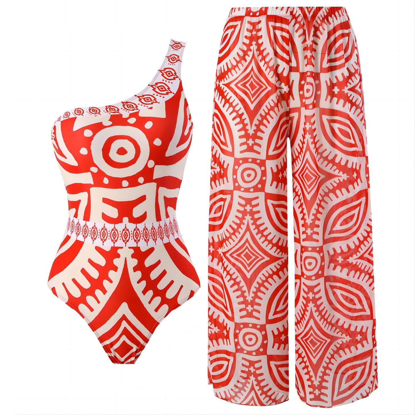 Berg-Feldt Damen Badeanzug und Palazzohose Set, einseitig geschulterter Badeanzug