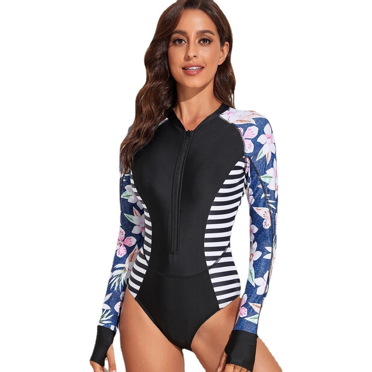 Maillot de bain sportif pour femme avec motif floral, fermeture éclair et manches longues de berg-feldt