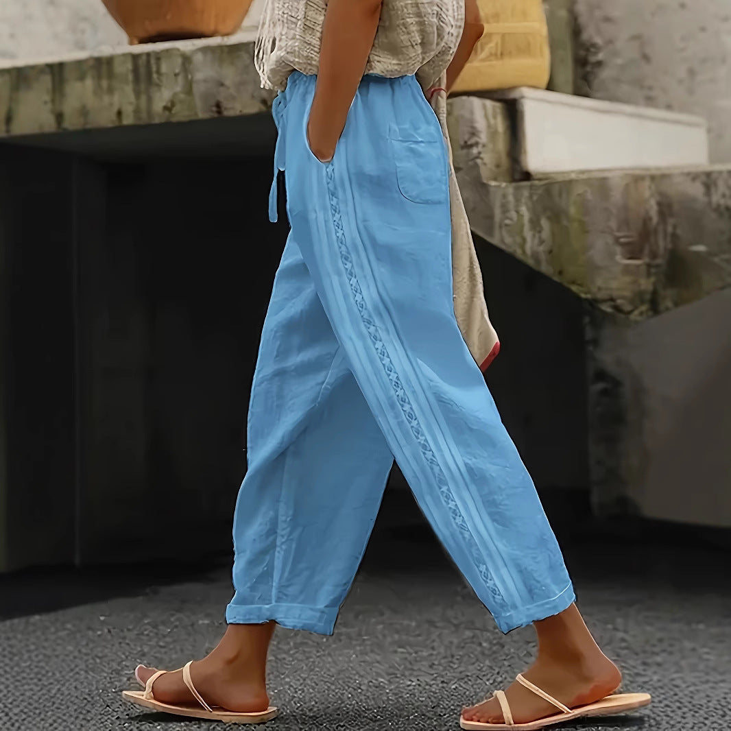 Berg-Feldt Pantalon en lin ample pour femme avec broderie
