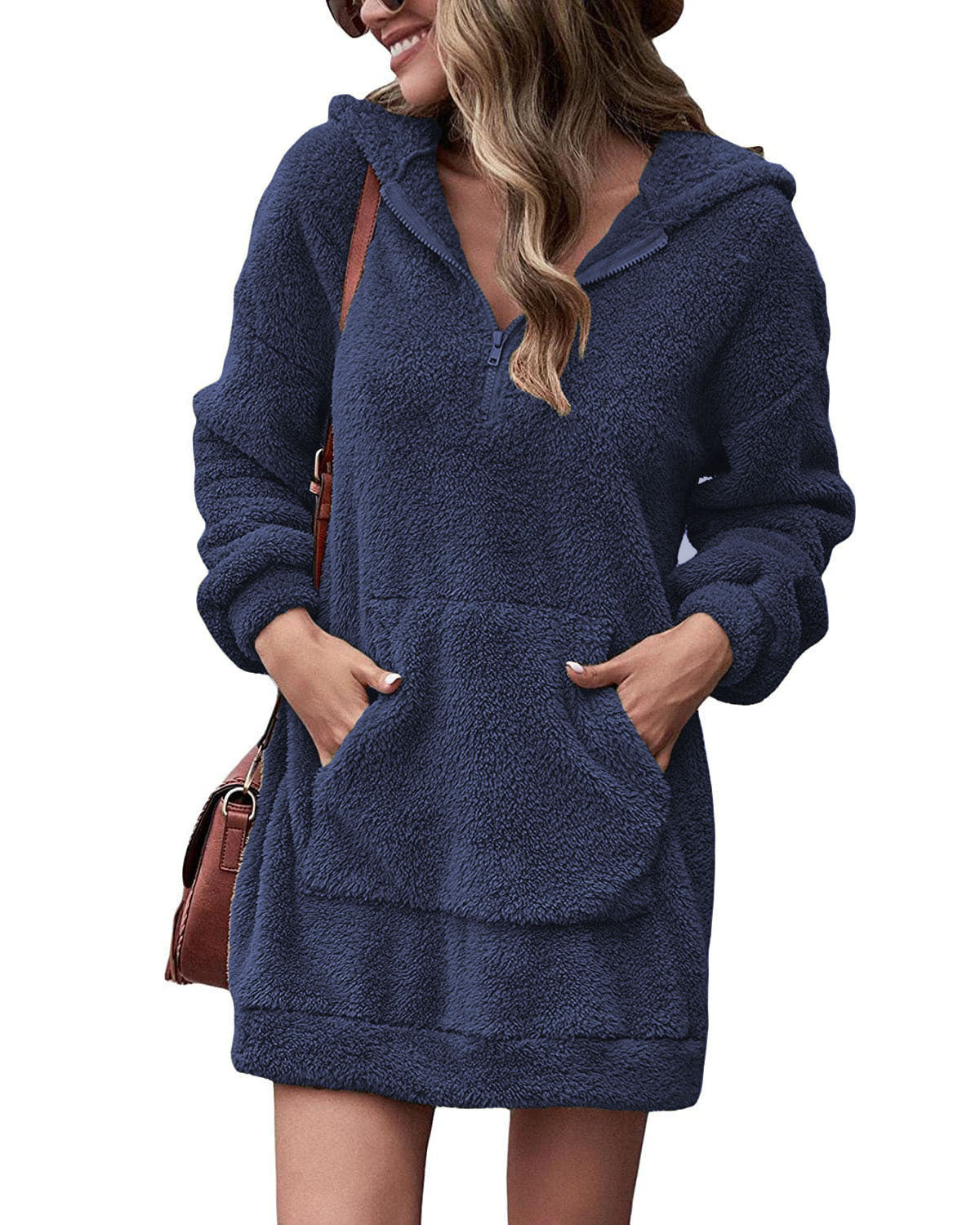 Damen Fleece-Kapuzenkleid mit Taschen und Reißverschluss Berg-Feldt