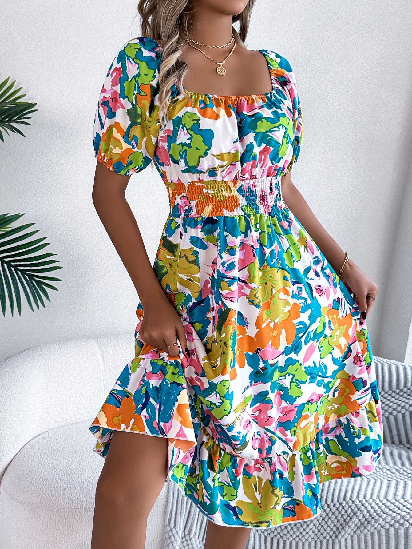 Robe pour femme Berg-Feldt à manches bouffantes et col Bardot, imprimé floral