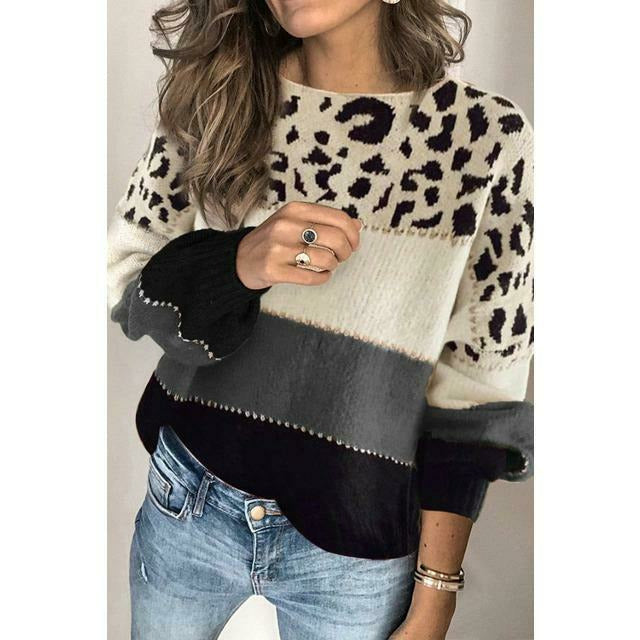 Berg-Feldt | Pullover - Damen Herbst Leopard Patchwork Strickpullover