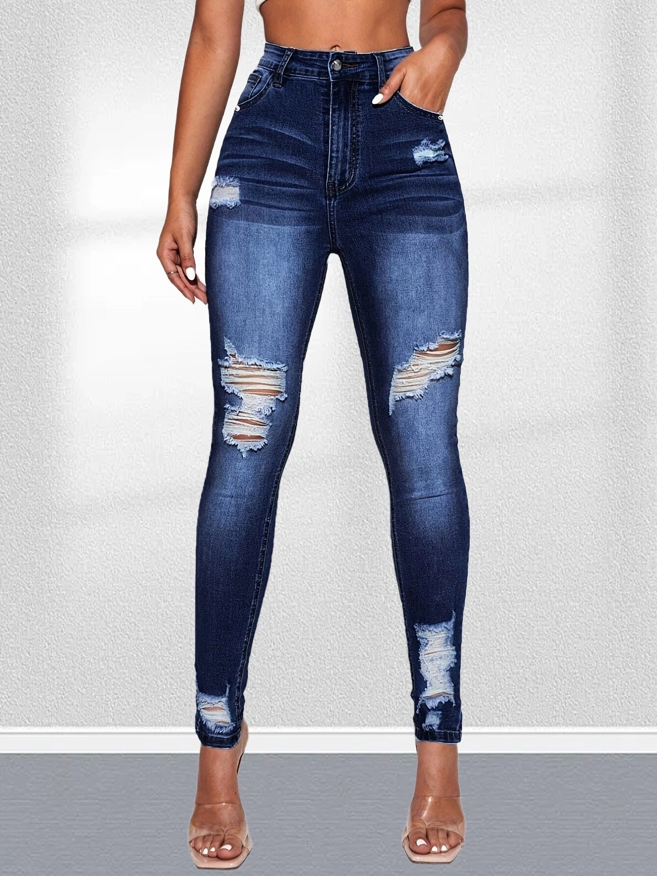 Jean skinny tendance femme taille haute au look destroyed de berg-feldt