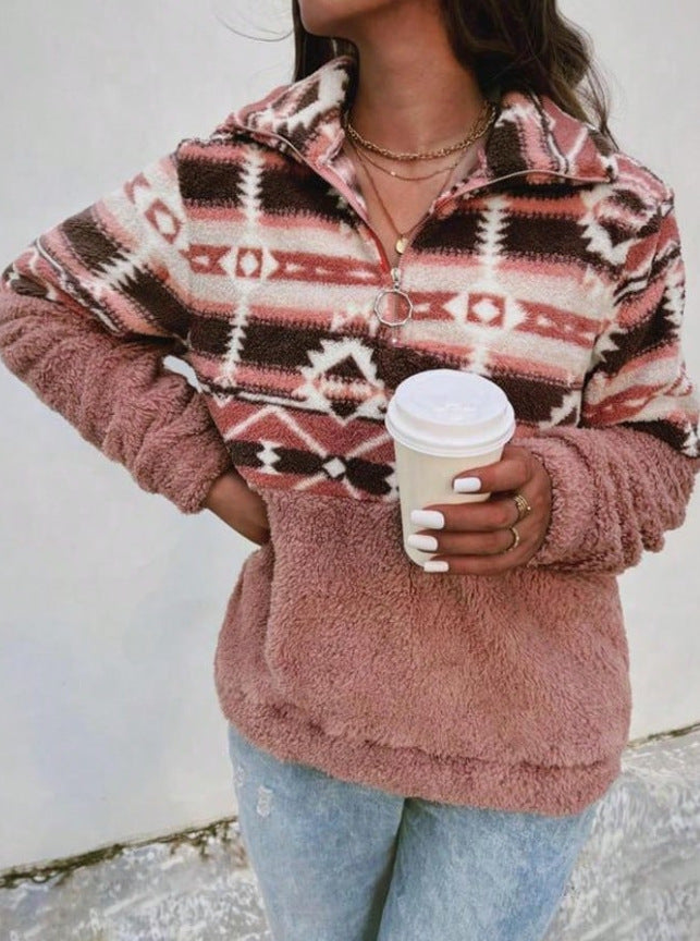 Damen Fleece-Pullover mit modernem Aztekenmuster und Stehkragen Berg-Feldt