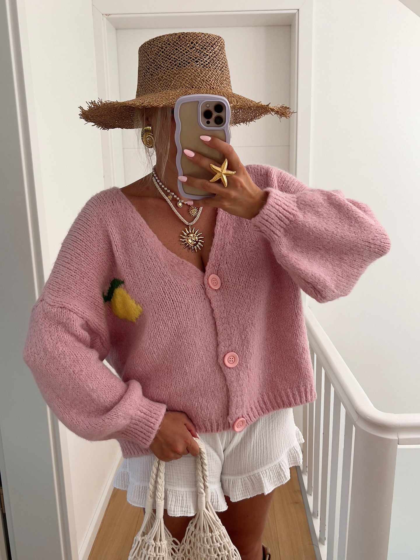 Cardigan en grosse maille pour femme avec motif citron unique et fermeture boutonnée Berg-Feldt
