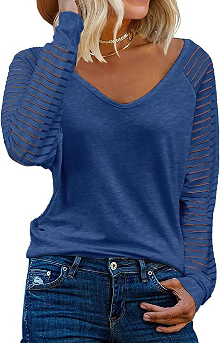 T-shirt à manches longues et col en V pour femme avec manches rayées Berg-Feldt